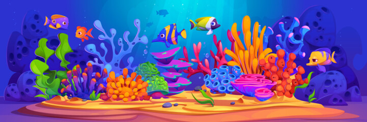 Obraz na płótnie Canvas Underwater seaweed plant and coral background. Ocean reef scene with grass, rock, algae weed and tropical decorative fish cartoon game environment wallpaper. Nautical oceanic wildlife graphic design