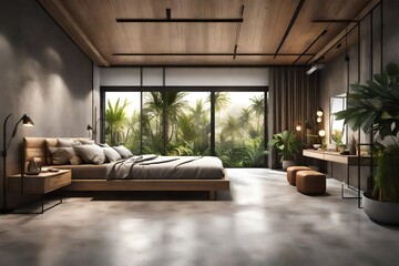 Modern contemporary loft style bedroom with tropical style garden view 3d render,The room has concrete tiled floors and walls and wooden ceilings. Furnished with brown furniture