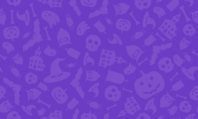Halloween purple background with bats, bones, cobweb, haunted house, ghost, owls, pumpkins, rabbits, skull, spiders and witch hats. Vector Halloween Illustration.