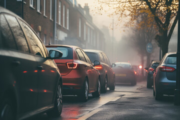 Cars that stop because of traffic jams emit harmful gas emissions - obrazy, fototapety, plakaty