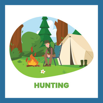 Man relaxing by tent and fire, hunting concept square poster, cartoon flat vector illustration.
