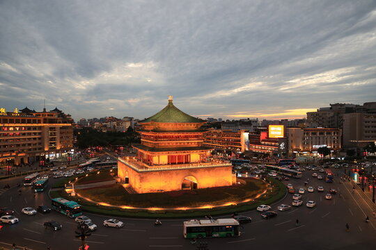 Aerial xi 'an bell tower and drum tower at night