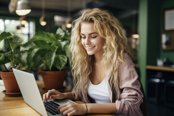 Blonde long hair student girl smile using notebook laptop, woman  study online hybrid learning in coworking third space