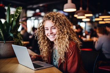 Blonde long hair student girl smile using notebook laptop, woman  study online hybrid learning in...