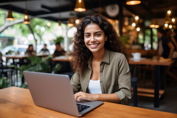 Indian student girl smile using laptop, study online hybrid learning - obrazy, fototapety, plakaty