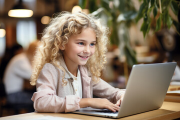 Blonde student girl smile using laptop, study online hybrid learning