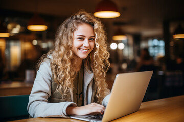 Blonde teenager student smile using laptop, study online hybrid learning - Powered by Adobe