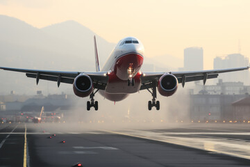 Airplane at take-off from runway airport, aviation carbon pollution