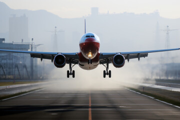 Airplane at take-off from runway airport, aviation carbon pollution - obrazy, fototapety, plakaty