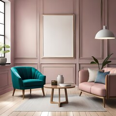 Warm and cozy living room interior with mock up poster frame, modular sofa, wooden coffee table, vase with dried flowers, pillows, armchair, pink wall and personal accessories.AI generated