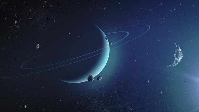 Asteroids Heading toward Planet Uranus 
Outer space cinematic view, 4K, 2023

