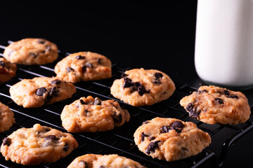 A row of cookies placed alongside a bottle of fresh milk on a black background