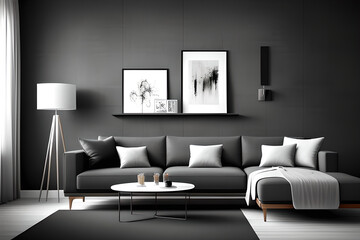 Luxury dark living room interior with gray sofa mock up, modern interior background, empty black wall mockup. Medium angle