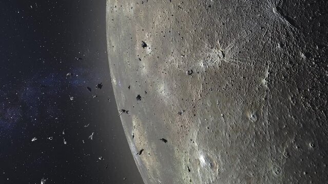 Planet Mercury view with asteroids flying close
Outer space cinematic view, 4K, 2023

