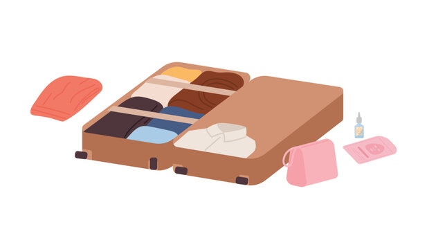 Vector illustration of open suitcase full of clothes, ticket and documents, isolated on white background.