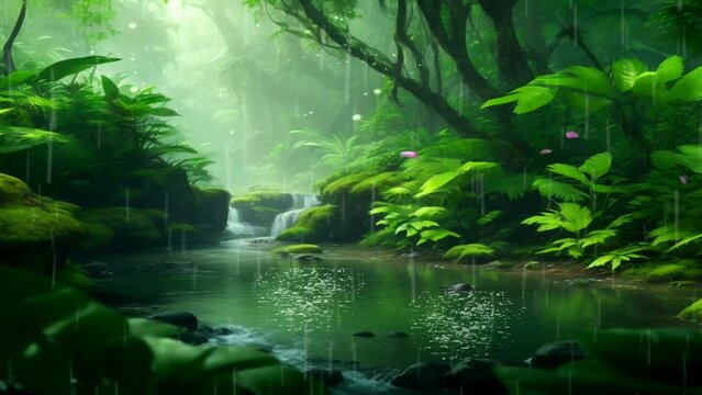 Beautiful landscape of tropical rainforest in fantasy style. Liquid paint anime landscape illustration. Seamless looping 4K time-lapse virtual video animation background.