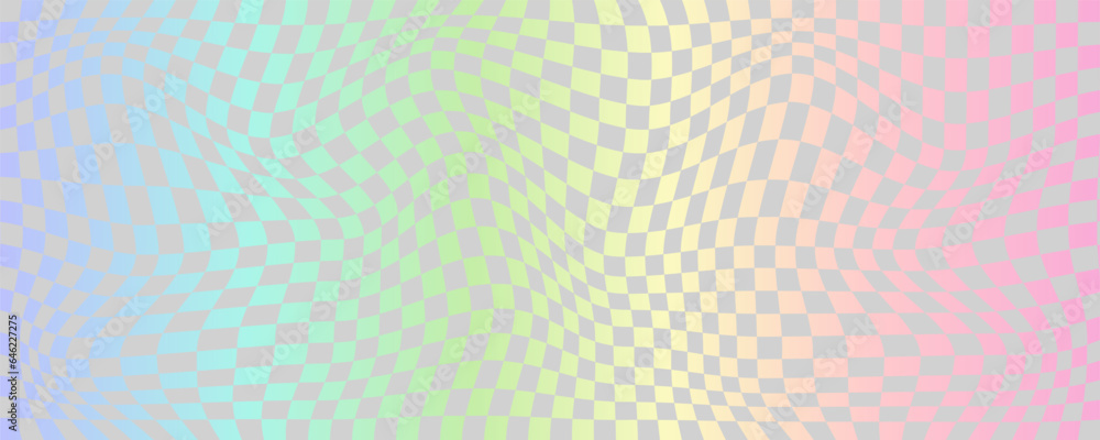Poster checkerboard wavy pattern. abstract holographic chessboard vector print. y2k psychedelic optical foi