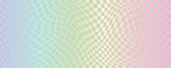 Checkerboard wavy pattern. Abstract holographic chessboard vector print. Y2k psychedelic optical foil grid. Swirl rainbow geometric retro design © Chorna_L