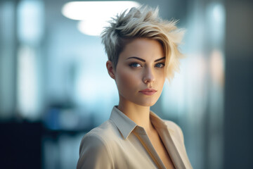 Young businesswoman with short hair at her office