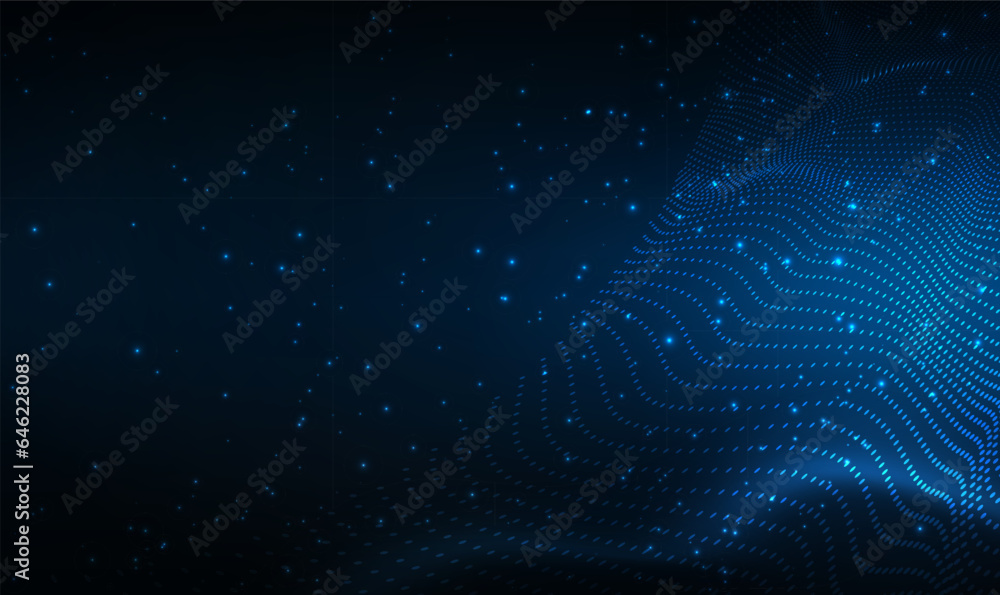 Poster data technology background. 3d illuminated digital wave of glowing particles. connecting dots on dar