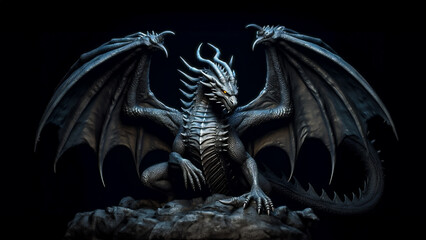 Fantasy dragon on the rock, black dragon in a black background,