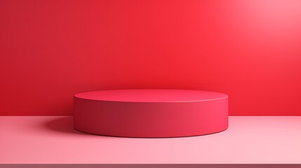 Red background podium light studio stage platform. Empty red podium product display spotlight abstract scene wall floor background pink shadow texture perspective showroom presentation. Generative AI