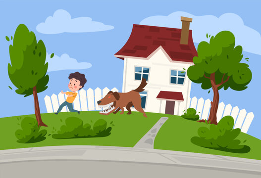 Vector illustration of frightened boy runs from a huge bulldog with red eyes that wants to bite him and barks, fear of god, against the backdrop of a white house with a lawn and trees