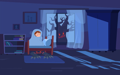 Boy is afraid of dar and monsters under bed, cartoon flat vector illustration.