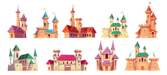 Fairytale medieval royal castle or fantasy princess palace - cartoon vector illustration set of king houses with towers and flags, gates and windows, stone walls. Ancient tale fortress for kingdom. © klyaksun