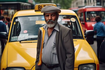 Immigrant taxi driver standing next to the cab