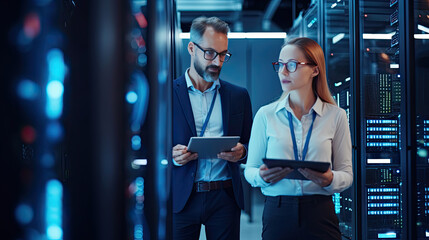 A Male IT Specialist Holds Laptop and Discusses Work with Female Server Technician. They're Standing in Data Center. Generative Ai