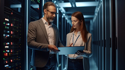A Male IT Specialist Holds Laptop and Discusses Work with Female Server Technician. They're Standing in Data Center. Generative Ai