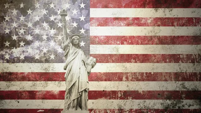 Statue of Liberty with american flag - grunge animated background, independence day stars and stripes backdrop