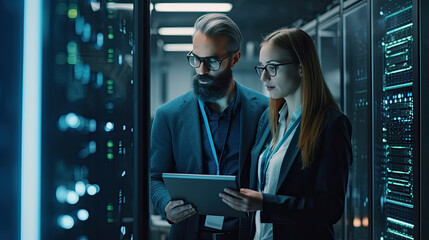 Data Center Female System Administrator and Male IT Specialist talk, Use Laptop in Cloud Computing Server Farm. Generative Ai