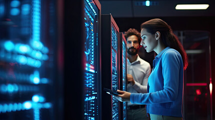 Data Center Female System Administrator and Male IT Specialist talk, Use Laptop in Cloud Computing Server Farm. Generative Ai