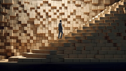 積み木の階段をのぼるビジネスパーソンの男性「AI生成画像」