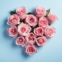 Heart shaped bouquet of beautiful fresh pink rose flowers on pastel blue background. Minimal Valentines Day, Easter, wedding or Mother's day concept. Made with generative ai