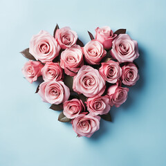 Heart shaped bouquet of beautiful fresh pink rose flowers on pastel blue background. Minimal Valentines Day, Easter, wedding or Mother's day concept. Made with generative ai