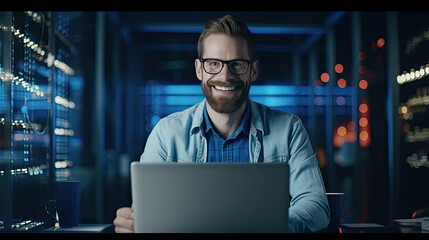 IT Engineer Works on a Laptop Computer. He Look at the Camera with Smile. Data Protection Engineering Network for Cyber Security in Big Cloud Computing Server Farm. Generative Ai