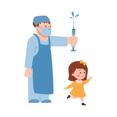 Little girl running away from scary doctor with syringe, flat vector illustration isolated on white background.