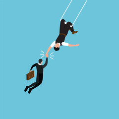 Business risk and challenges - Businessman doing acrobatic swings 3d vector illustration concept for banner, website, illustration, landing page, flyer, etc
