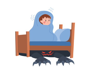 Vector illustration of little frightened boy sits on the bed under the covers and a black monster crawls under the bottom, a ogre with red eyes, children fears concept isolated on white background
