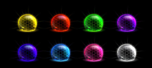 Neon color dome shields set isolated on black background. Vector realistic illustration of glowing 3D spheres with mesh surface, communication technology, data protection system, barrier effect © klyaksun