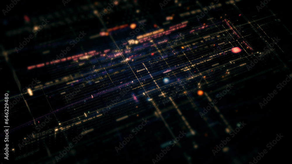 Leinwandbilder Advanced data matrix simulation UI with cutting-edge digital environment with a dynamic and immersive display of interconnected data matrix information networks systems background