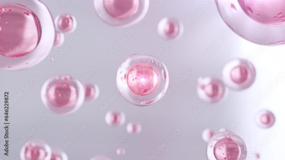 Poster A macro shot of various droplets found up through the water on a bright background. Beauty Moisturizing bubble blobs find a particular extract in super slow motion. 3D animation