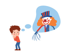 Child is afraid of scary clown, cartoon flat vector illustration isolated on white background.
