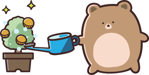 お金のなる気を育てて資産運用をがんばるかわいいクマ