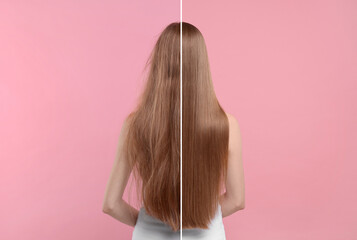Photo of woman divided into halves before and after hair treatment on pink background, back view