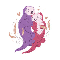 Vector illustration of cute cartoon sea otters family in pink, lilac colors, pair of sea otters are lovely swiming and hugging against the background of beige plants, floral drawings and hearts