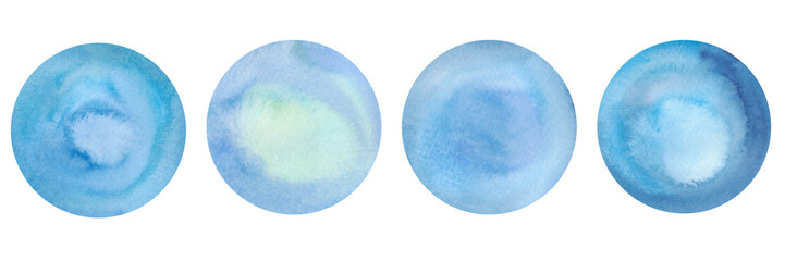 A set of watercolor circles isolated on a white background, hand-drawn. Textured spots of watercolor with a gradient in blue shades. Elements for design and decoration.